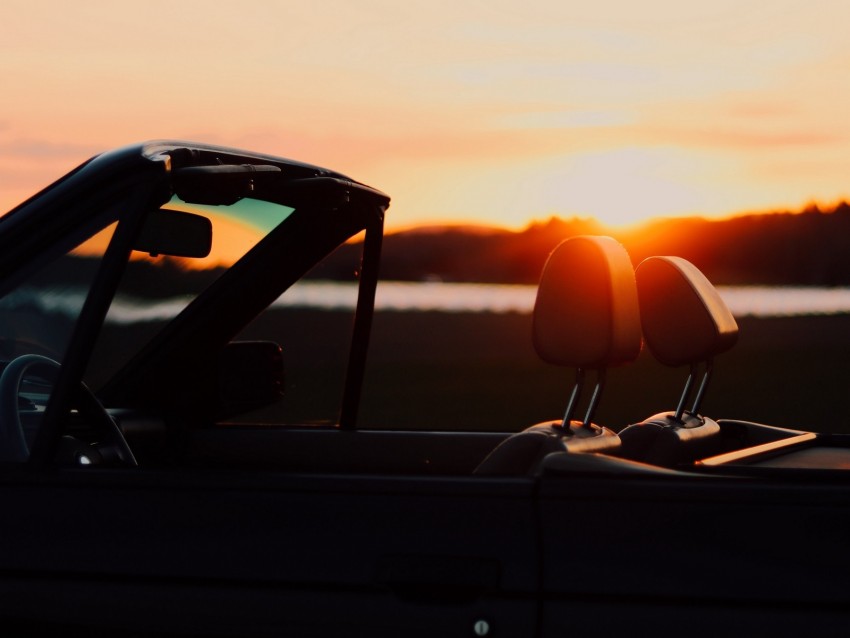 convertible, sunset, car