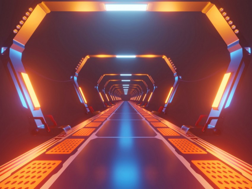 corridor, neon, light, bright, tunnel
