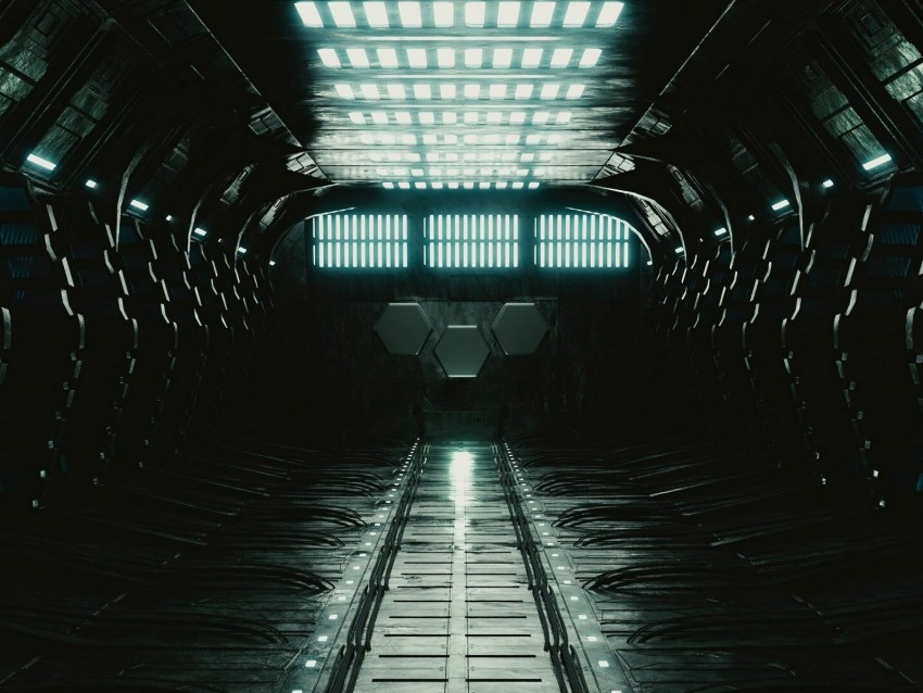 futuristic spaceship interior, sci-fi environment, dimly lit corridor, technology design, space travel