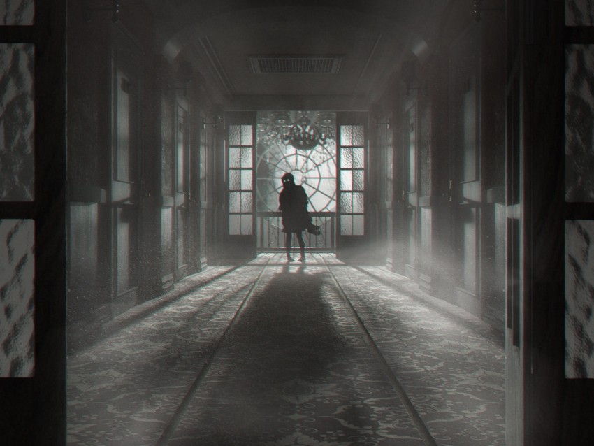 corridor, silhouette, dark, door, fog