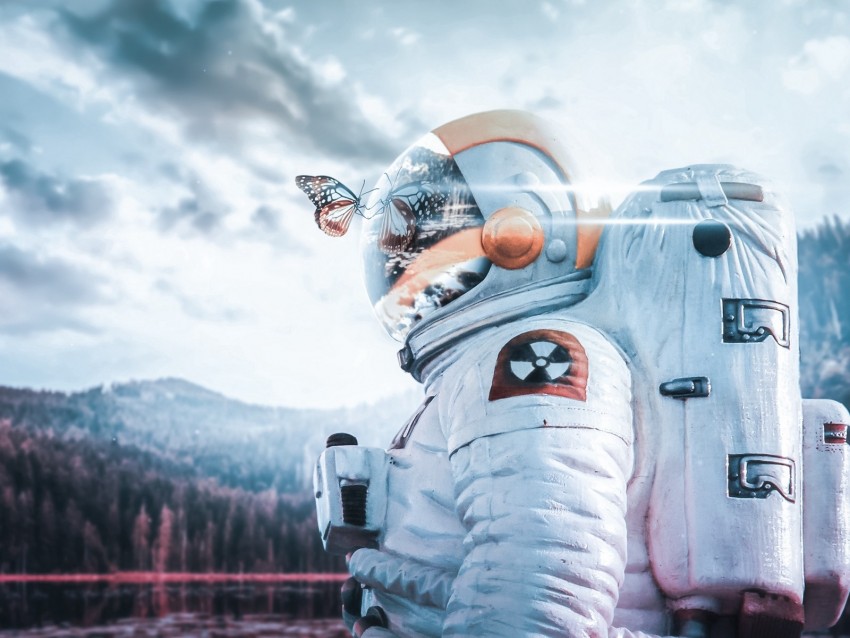 cosmonaut, spacesuit, butterfly, reflection, landscape, radioactive