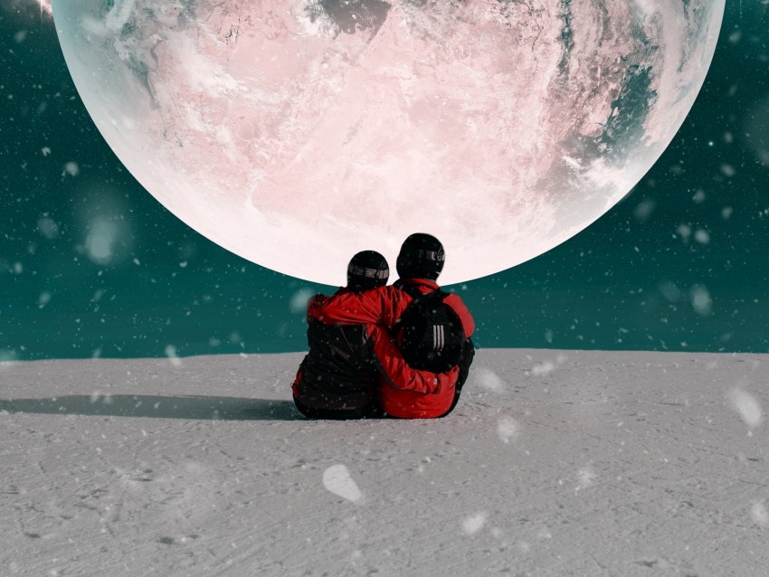couple, hugs, moon, snow, space