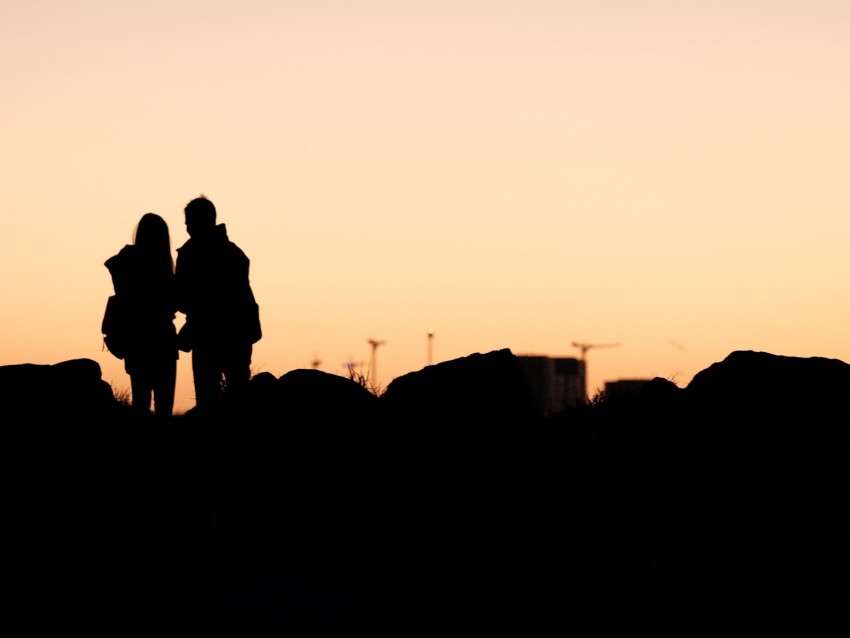 couple, silhouettes, dark, outlines, twilight