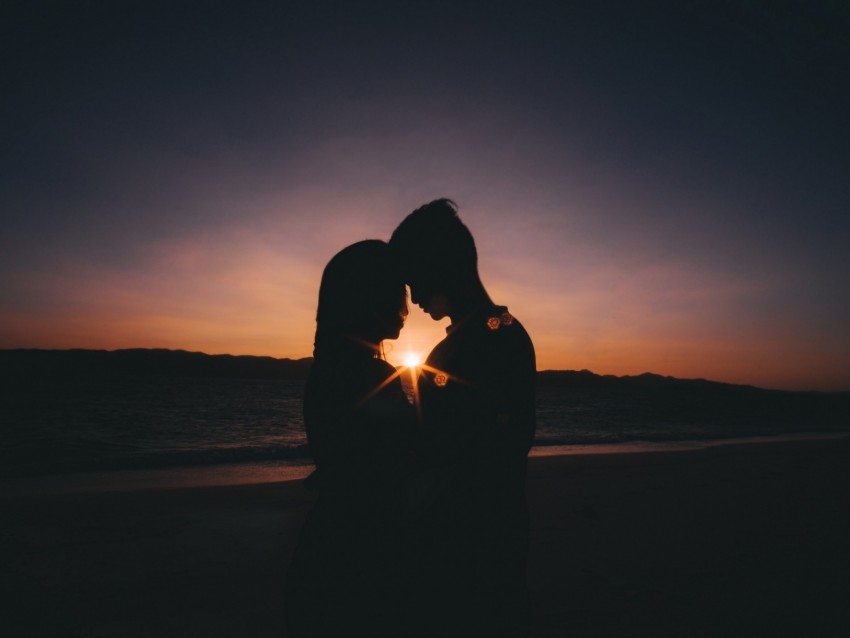 couple, silhouettes, love, sea, sunset, horizon