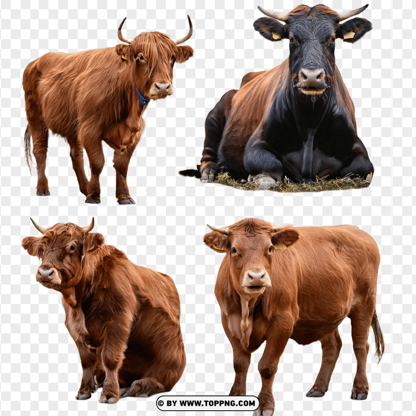 Cows In Different Poses In A Farm Setting PNG Transparent Background