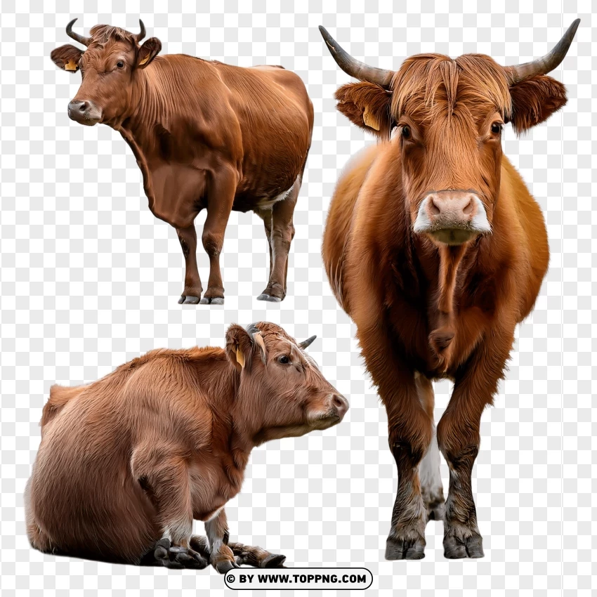 Group Of Cows Standing And Resting In Natural Poses PNG Transparent Background