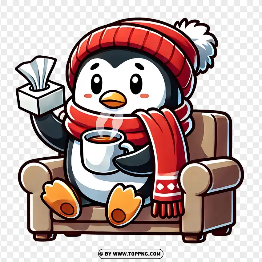 Cartoon Penguin With Hot Drink And Tissues PNG Transparent Background