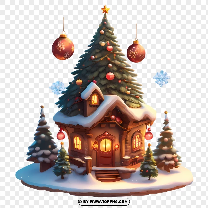 Cozy Winter Cottage With Decorated Christmas Tree PNG Transparent Background