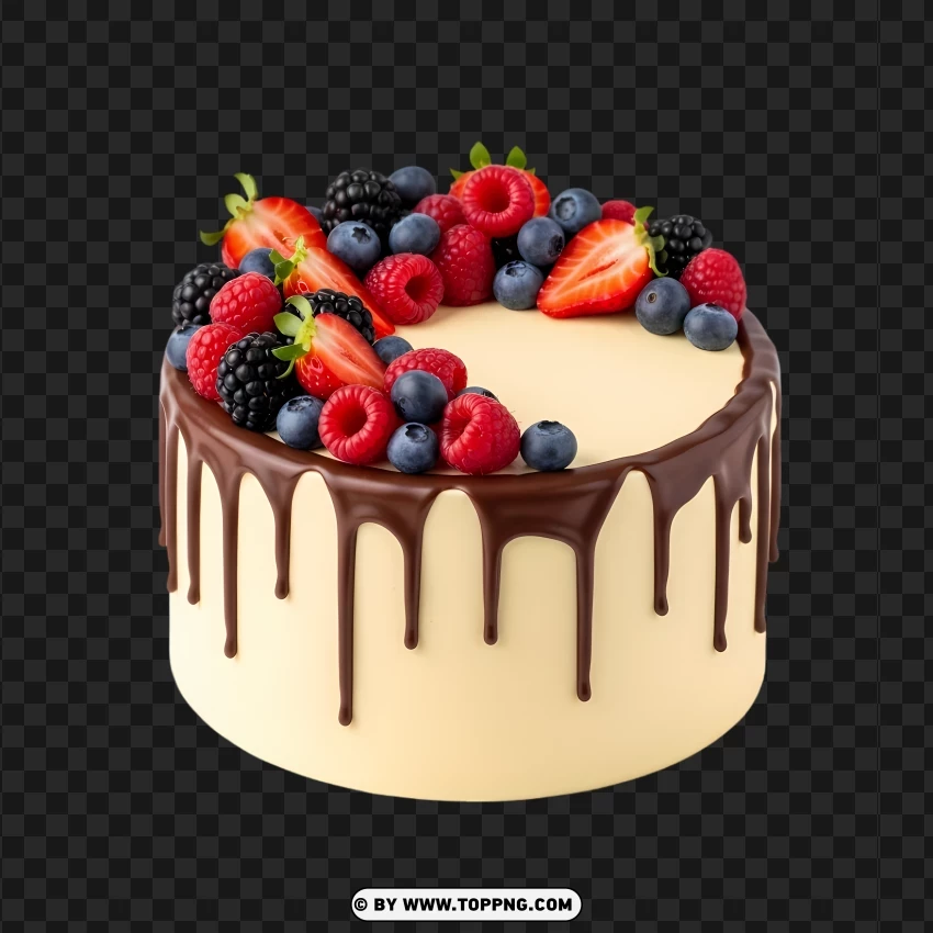 Cream Cake With Chocolate Drip And Berry Mix Topping PNG Transparent Background