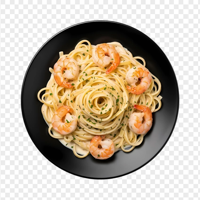 Creamy Seafood Fettuccine With Shrimp Top View PNG Transparent Background