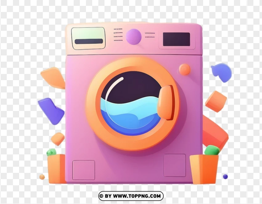 Colorful pink washing machine with orange accents, vector-style illustration, PNG with transparent background