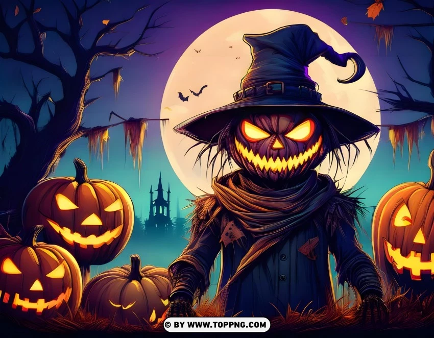 happy Halloween wallpaper, spooky scarecrow, Halloween pumpkins, eerie full moon, haunted Halloween scene, creepy scarecrow, Halloween night