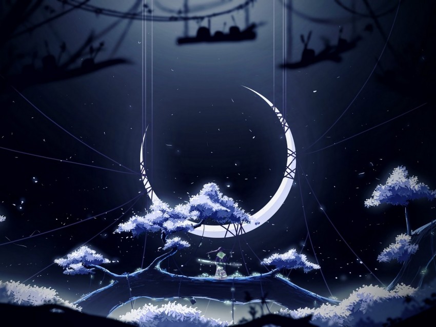 crescent, night, moon, trees, thread