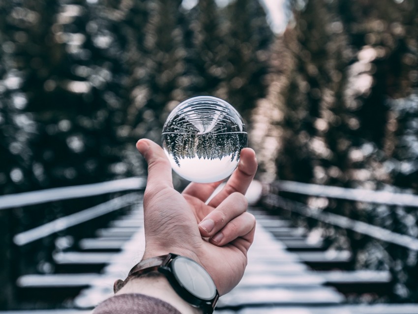 crystal ball, ball, sphere, hand, reflection