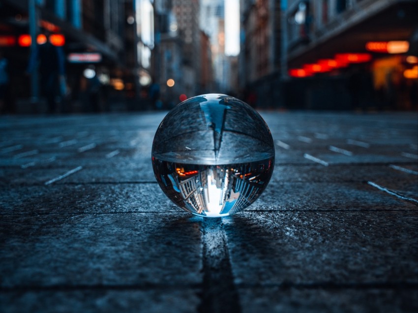 crystal ball, ball, sphere, reflection, city