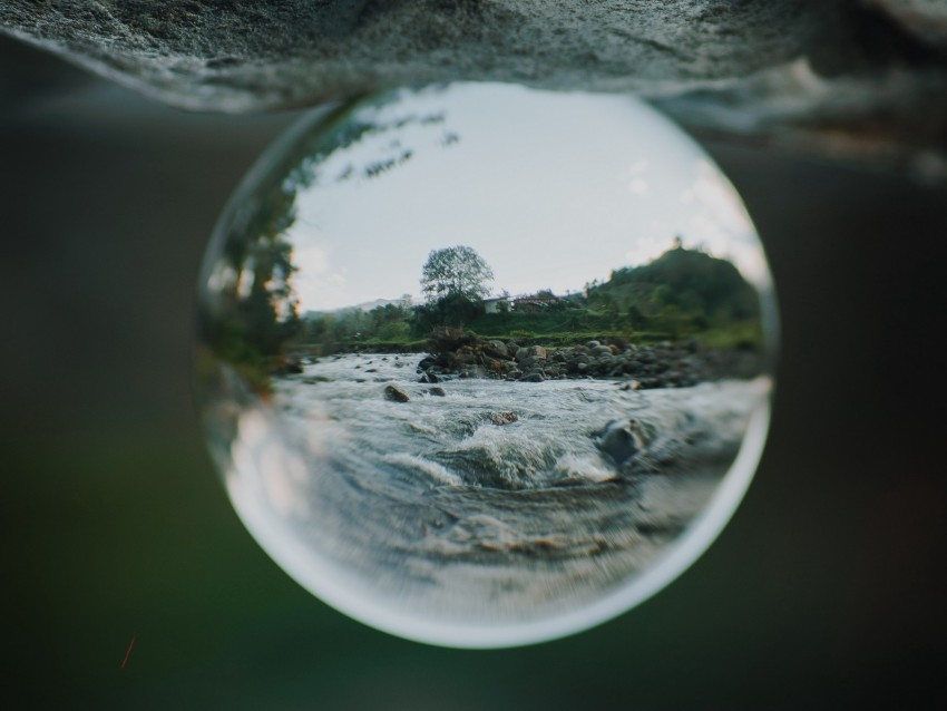 crystal ball, ball, sphere, reflection, river
