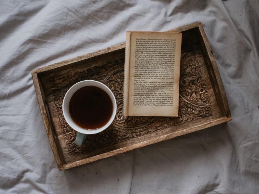 cup, book, tray, tea, comfort