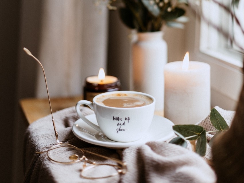 cup, candles, glasses, coffee, comfort
