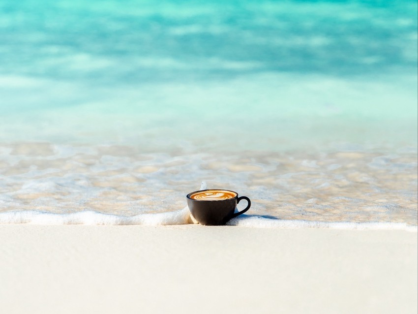 cup, ocean, sand, coast, minimalism