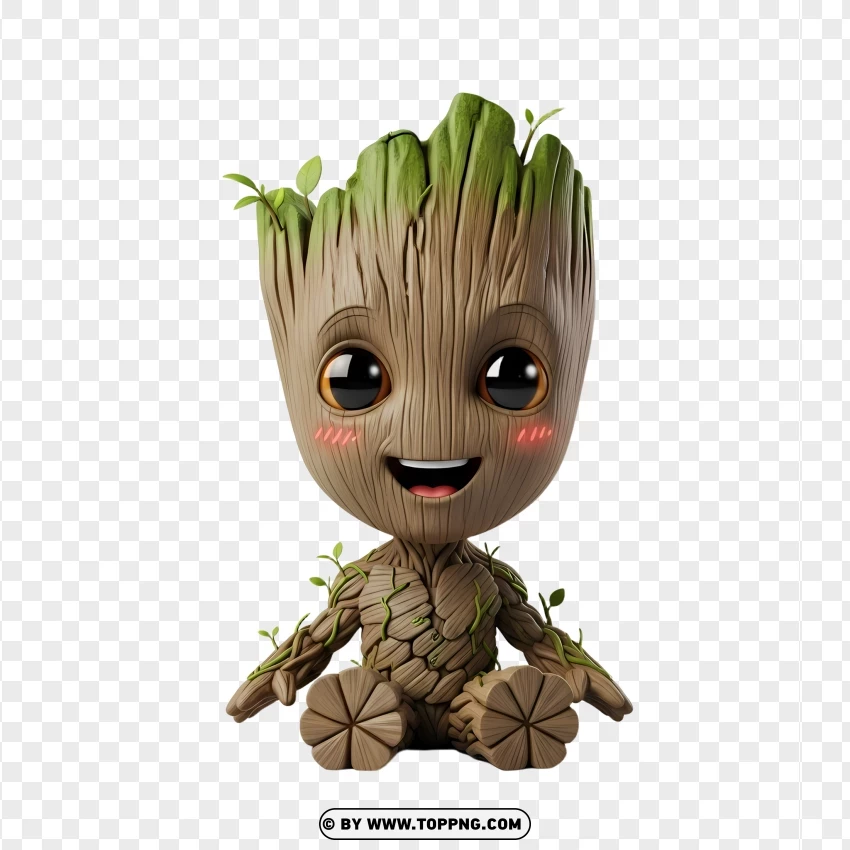 Cute 3d Baby Groot With Glowing Fireflies Illustration PNG Transparent Background