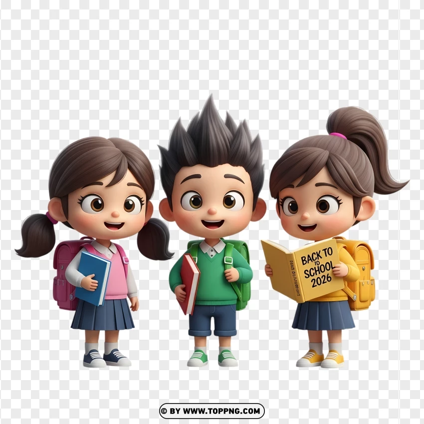Cute 3d Chibi Kids With Backpacks Back To School 2026 PNG Transparent Background