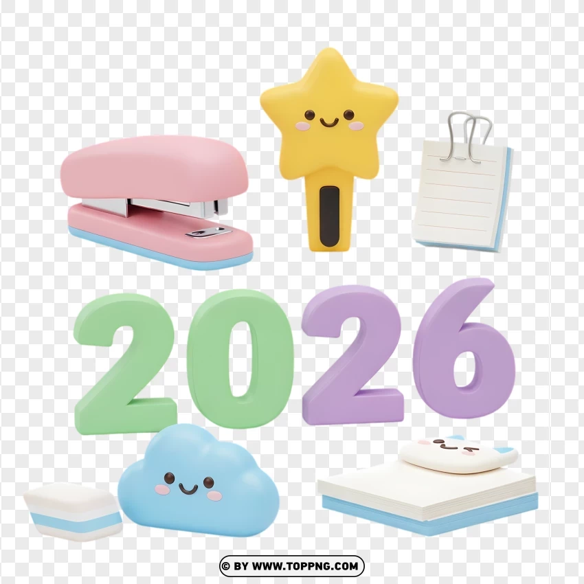 Cute 3d Kawaii Stationery Back To School 2026 Design PNG Transparent Background