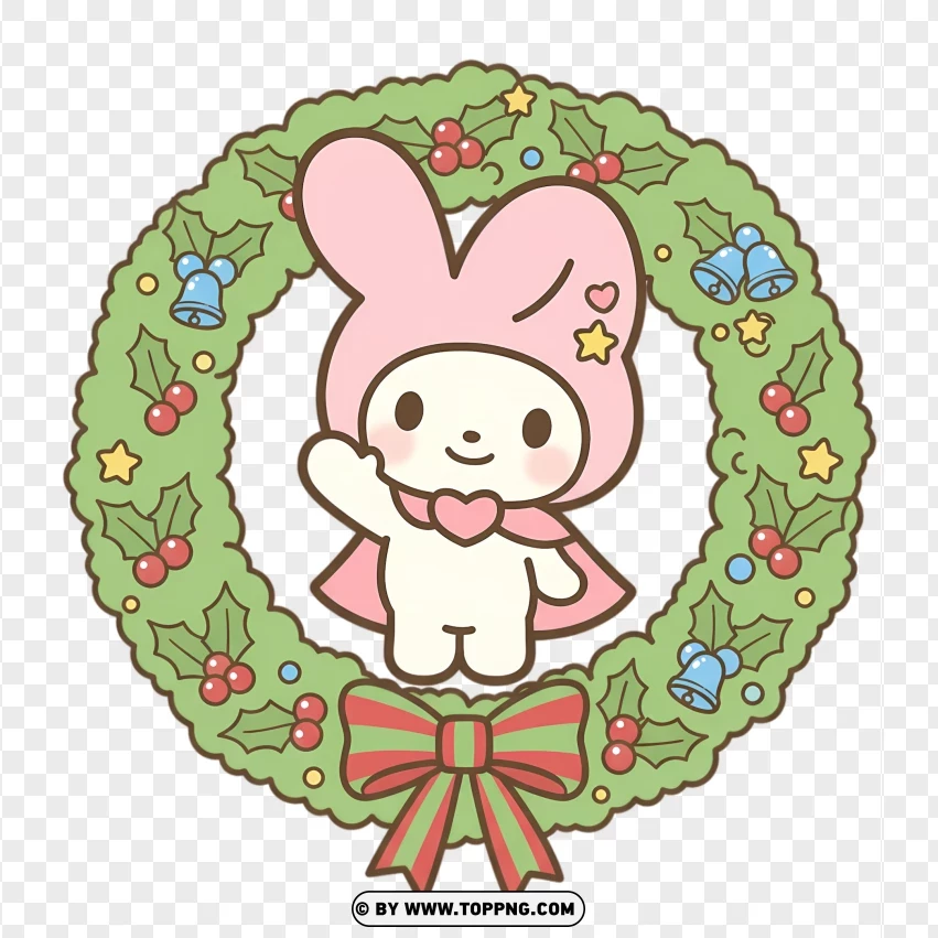 Pastel bunny with colorful Christmas wreath in festive style