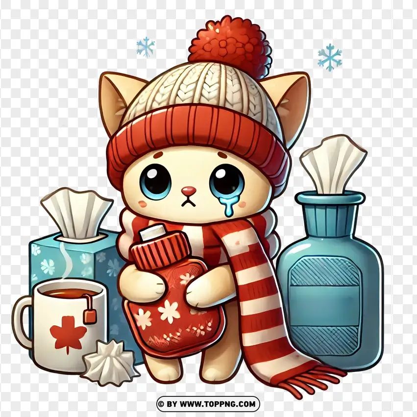 Cartoon Cat In Winter Gear Holding Medicine PNG Transparent Background