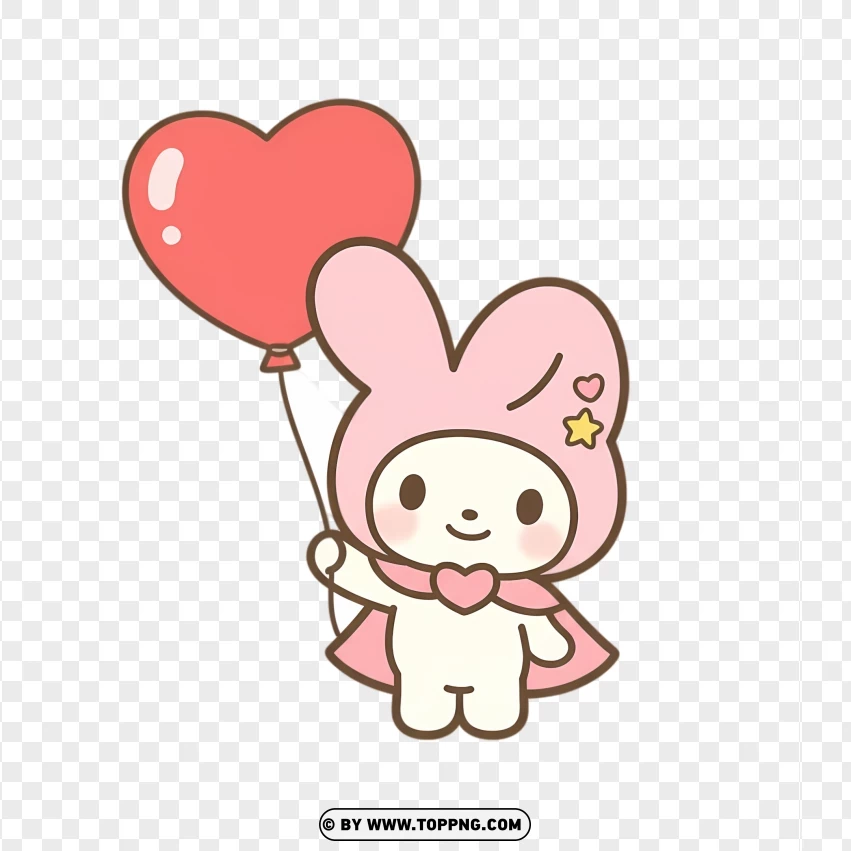 Chibi bunny holding floating heart-shaped balloon in kawaii style