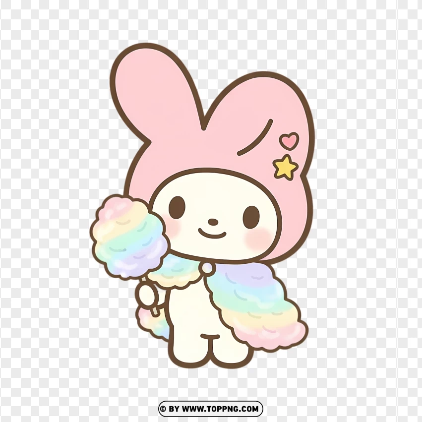Chibi bunny holding rainbow cotton candy in kawaii pastel style
