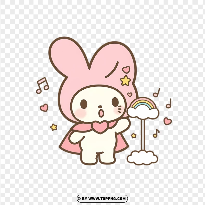 Chibi bunny singing beside rainbow microphone in kawaii style