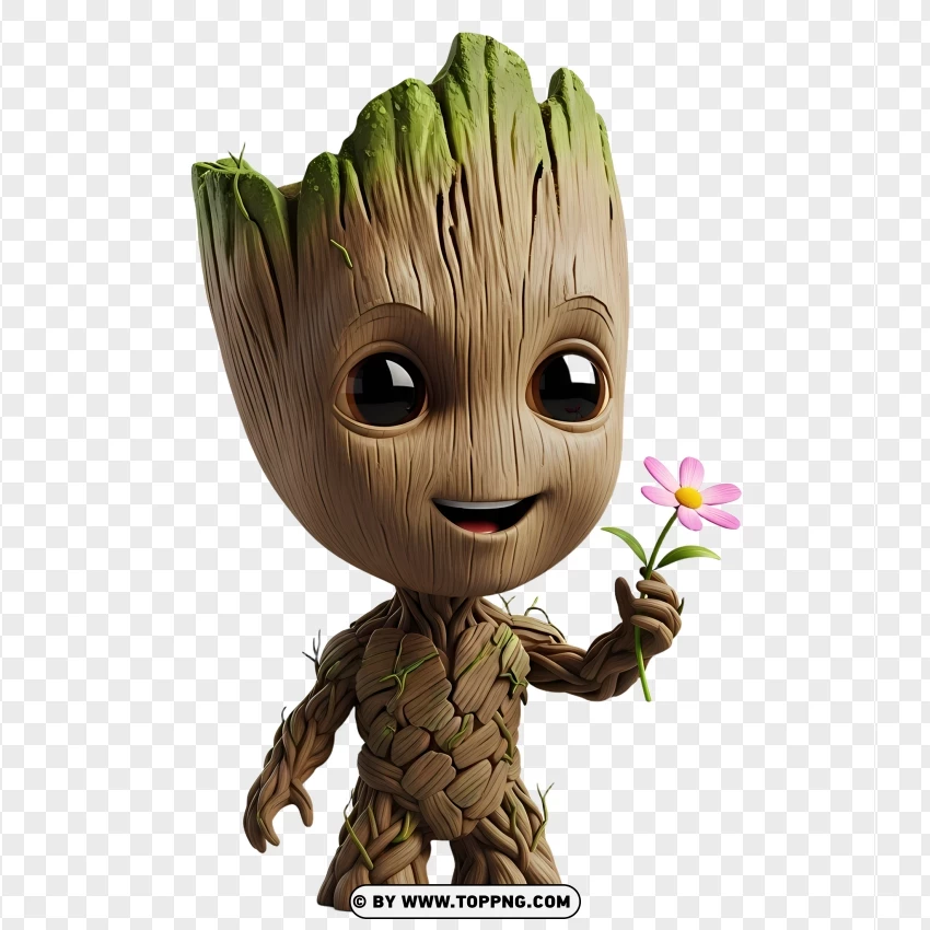 Cute Groot Holding Flower In Hand PNG Transparent Background