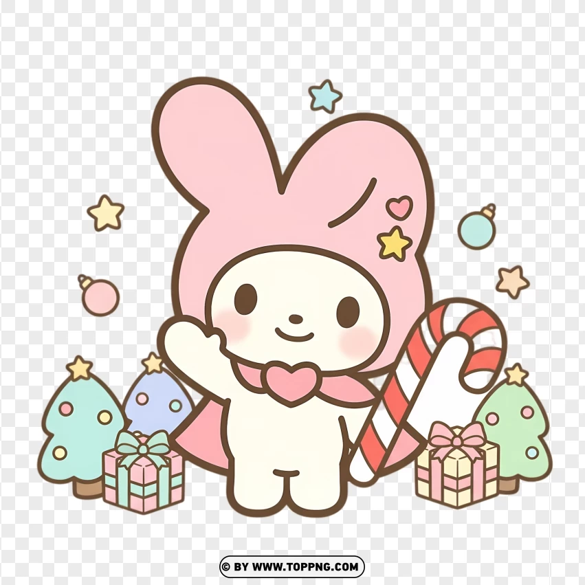 Pastel bunny holding candy cane in kawaii Christmas theme