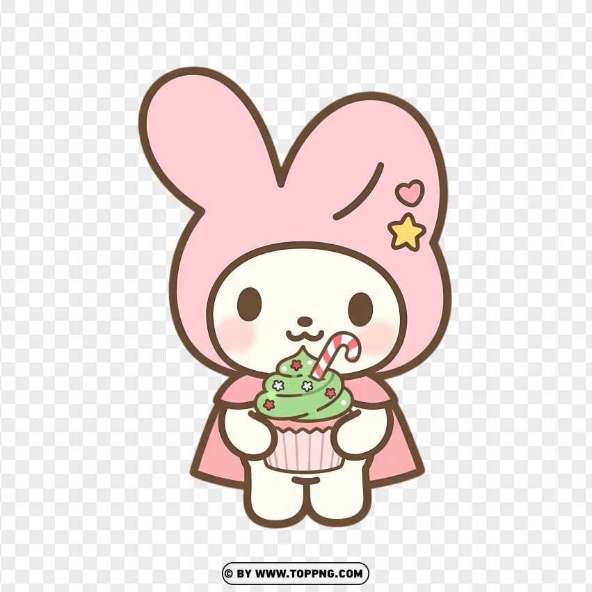 Pastel bunny holding Christmas cupcake in kawaii sweet pose