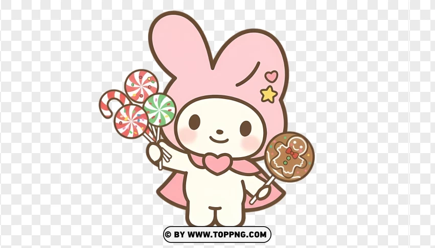 Pastel bunny holding red and white Christmas lollipop in cute style