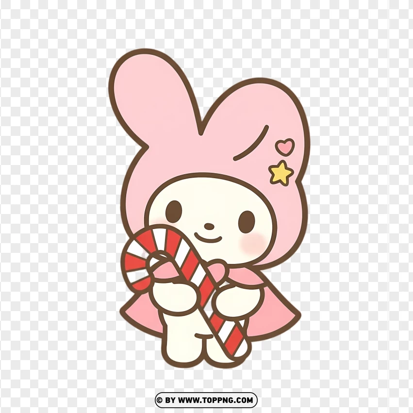 Pastel bunny holding red and white Christmas candy in cute pose