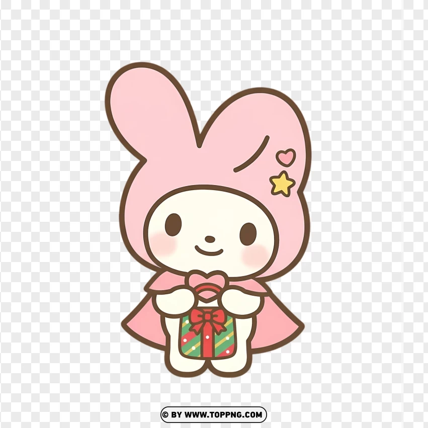 Pastel bunny holding tiny Christmas gift bag in festive pose