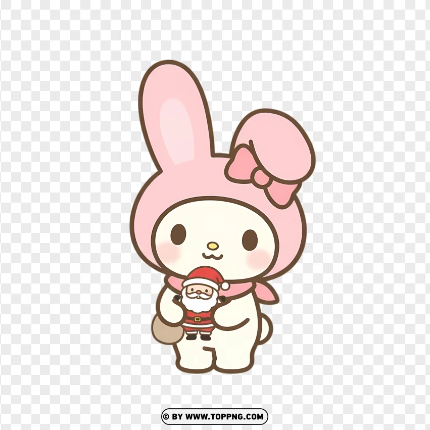 Pastel bunny holding tiny Santa figure in kawaii Christmas style