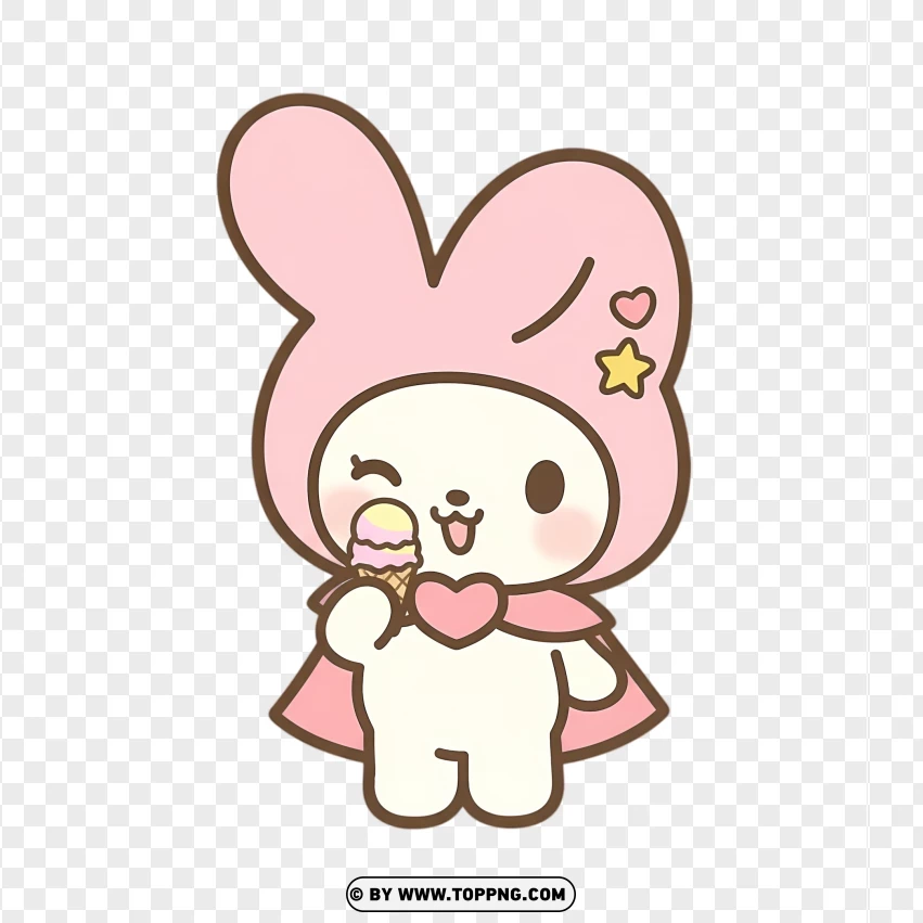 Kawaii bunny winking and holding tiny ice cream cone in pastel style