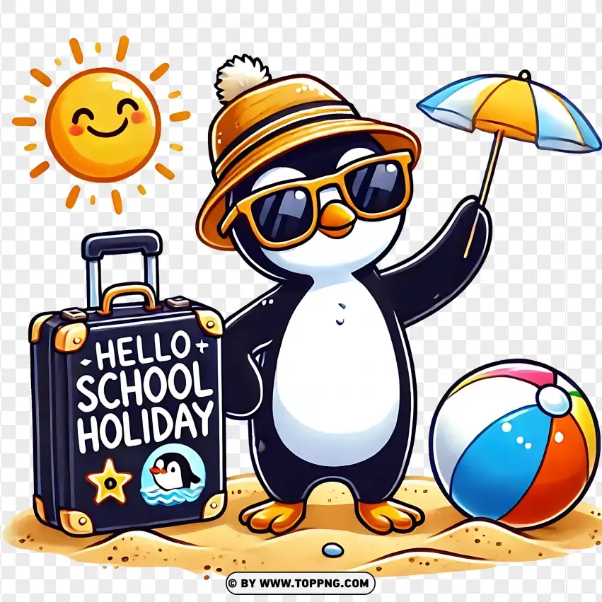 Cute Penguin With Luggage And Beach Ball Hello School Holiday Clipart PNG Transparent Background