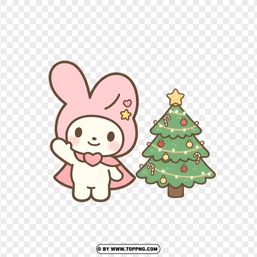 Cute pink bunny standing beside mini Christmas tree