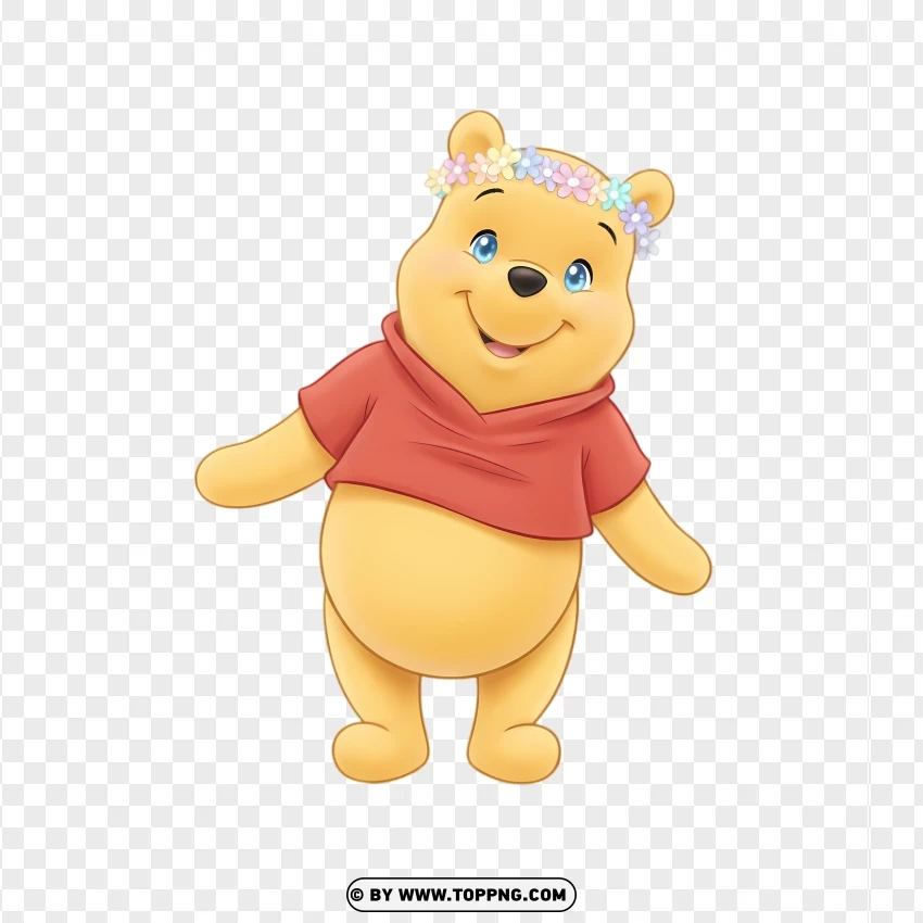 Cute Pooh Bear With Flower Crown PNG Transparent Background