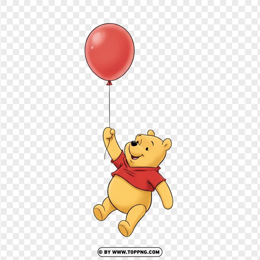 Cute Pooh Winnie The Pooh With Red Balloon Flying PNG Transparent Background
