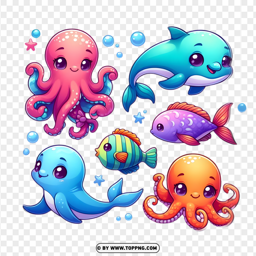 Cute Sea Animals Clipart Collection With Whales Octopus And Fish PNG Transparent Background