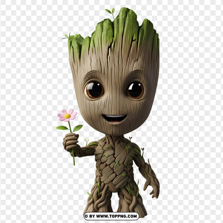 Cute Smile Chibi Groot Holding A Tiny Flower 3d Pixar PNG Transparent Background