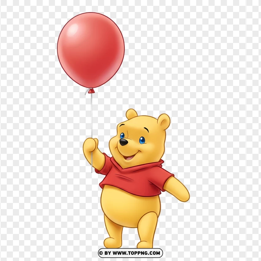 Cute Winnie The Pooh Holding A Red Balloon PNG Transparent Background
