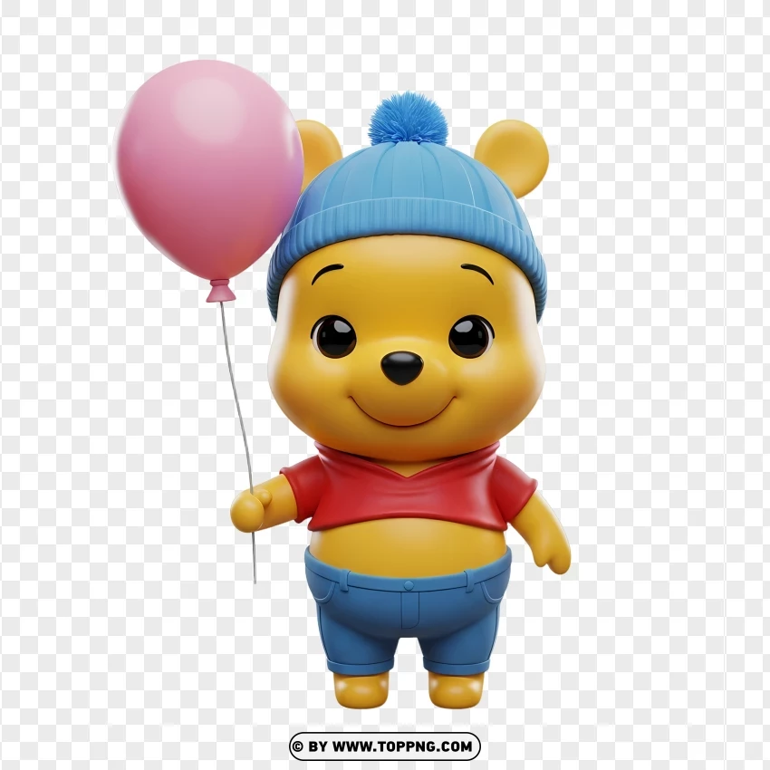 Cute Winnie The Pooh Holding Red Balloon PNG Transparent Background