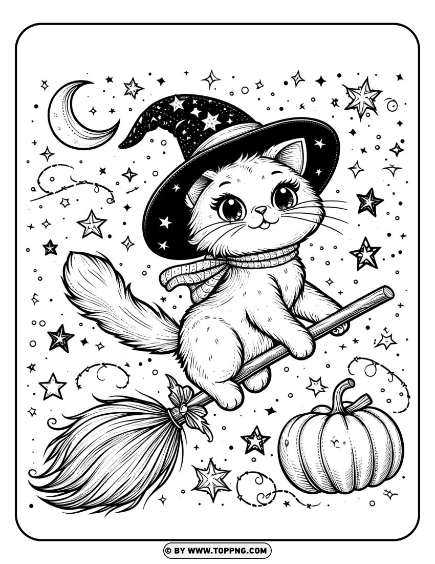 Cute Witch Cat Flying On A Broomstick For Coloring PNG Transparent Background