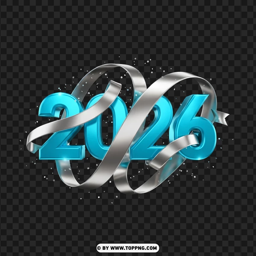 Cyan 3d 2026 With Silver Ribbon Futuristic New Year PNG Transparent Background