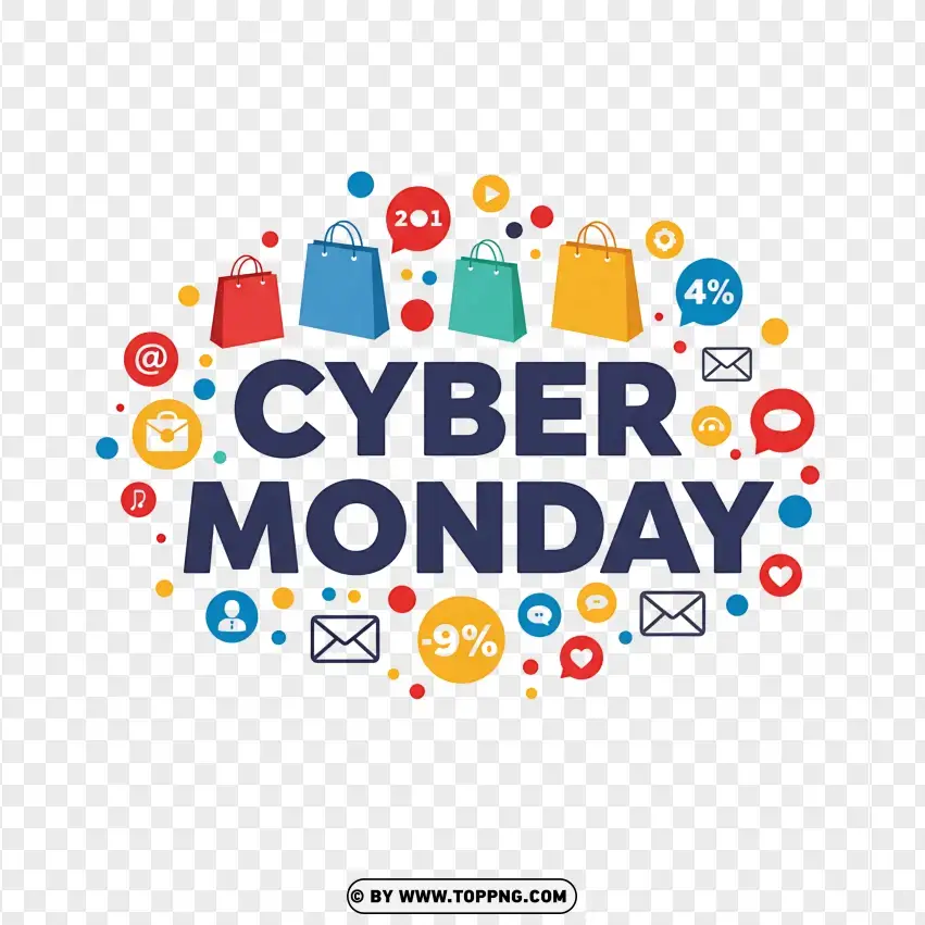 Cyber Monday Colorful Typography With Digital Icons PNG Transparent Background